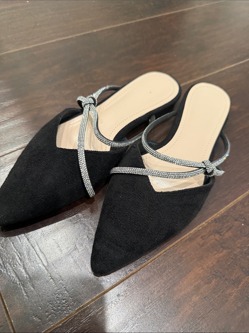 Black suede Pointed Toe Slip-On Mules with Silver Strap